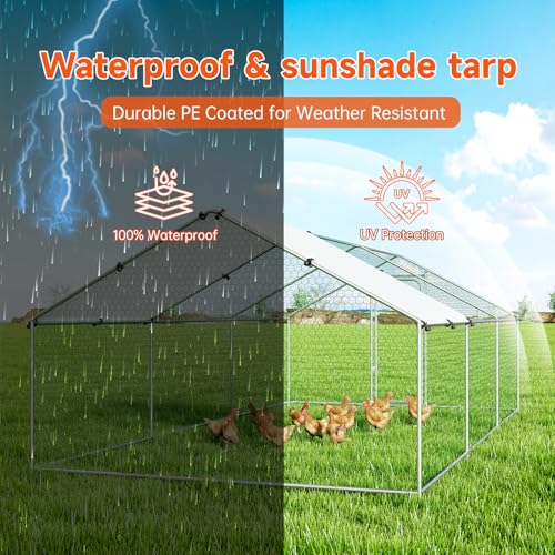 Large Metal Chicken Coop, Chicken Run Poultry Cage Hen with Water-Resident and Anti-UV Cover for Duck Rabbit House Outdoor Walk-in Chicken Pen for Yard, Dome Roof(10’ W x 19.7’ L x 6.4’ H)