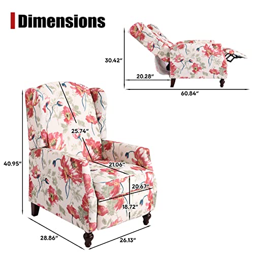 Wingback Recliner Chair with Massage and Heat, Tufted Fabric Pushback Recliner Chair, Wingback Chair with Remote Control, Padded Cushion, Wooden Legs, Small Recliners for Small Spaces