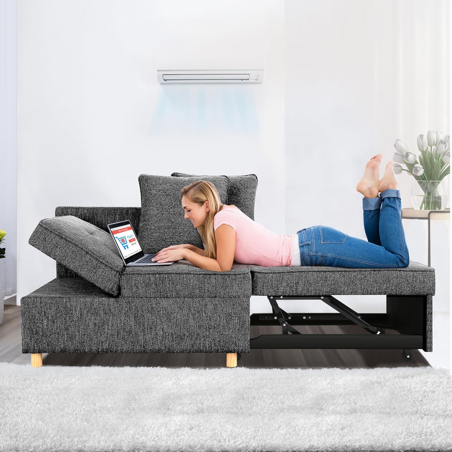 Linen Sofa Beds Chair, 4 in 1 Convertible Chair Sleeper Bed with 5 Adjustable Backrest and 2 Pillows, Black