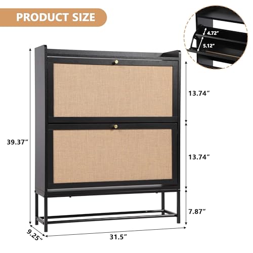 LEVNARY Shoe Cabinet Set of 2, Wooden Narrow Shoe Racks Cabinet Storage with 2 Flip Drawers, Hidden Freestanding Shoe Organizer for Hallway, Entryway, Home (2, Walnut)