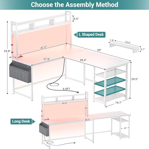 Aheaplus L Shaped Gaming Desk, 59" Gaming Desk with Power Outlet and Led Lights, Reversible L Shaped Computer Desk with Hutch & Monitor Stand, Home Office Desk L Shaped Corner Desk, White