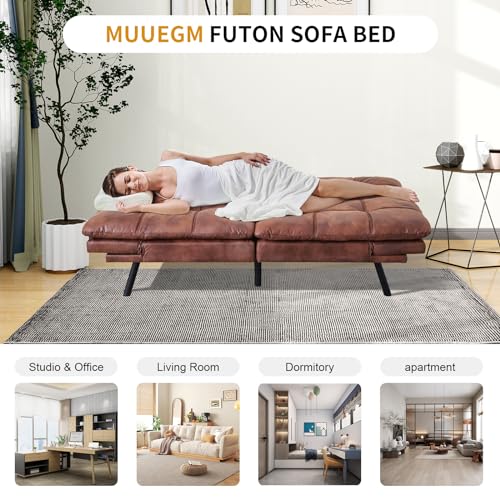 MUUEGM Faux Leather Futon Bed, Convertible Memory Foam Sofa Bed, Modern Love Seat for Living Room,Compact Space,Apartment,Office,Adjustable Backrests Armrests Couch Sleeper,71" Sofas, Matte Black
