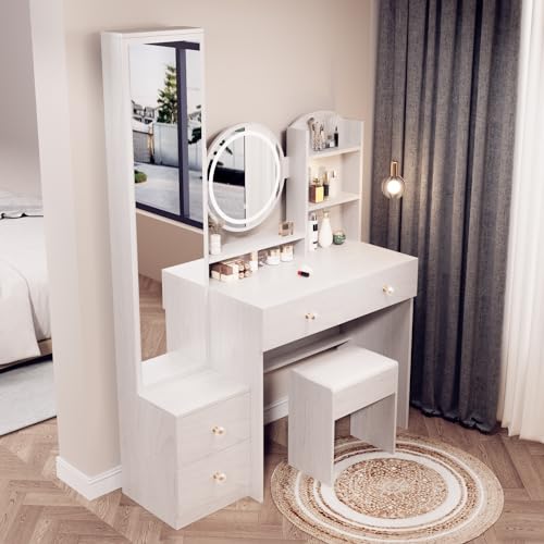 Makeup Vanity Set Touch Control 3 Color Brightness Adjustable Lights Mirror Dressing Table Set with Full Body Mirror Make up Desk with Cabinet Stool Simple Fashionable White Oak
