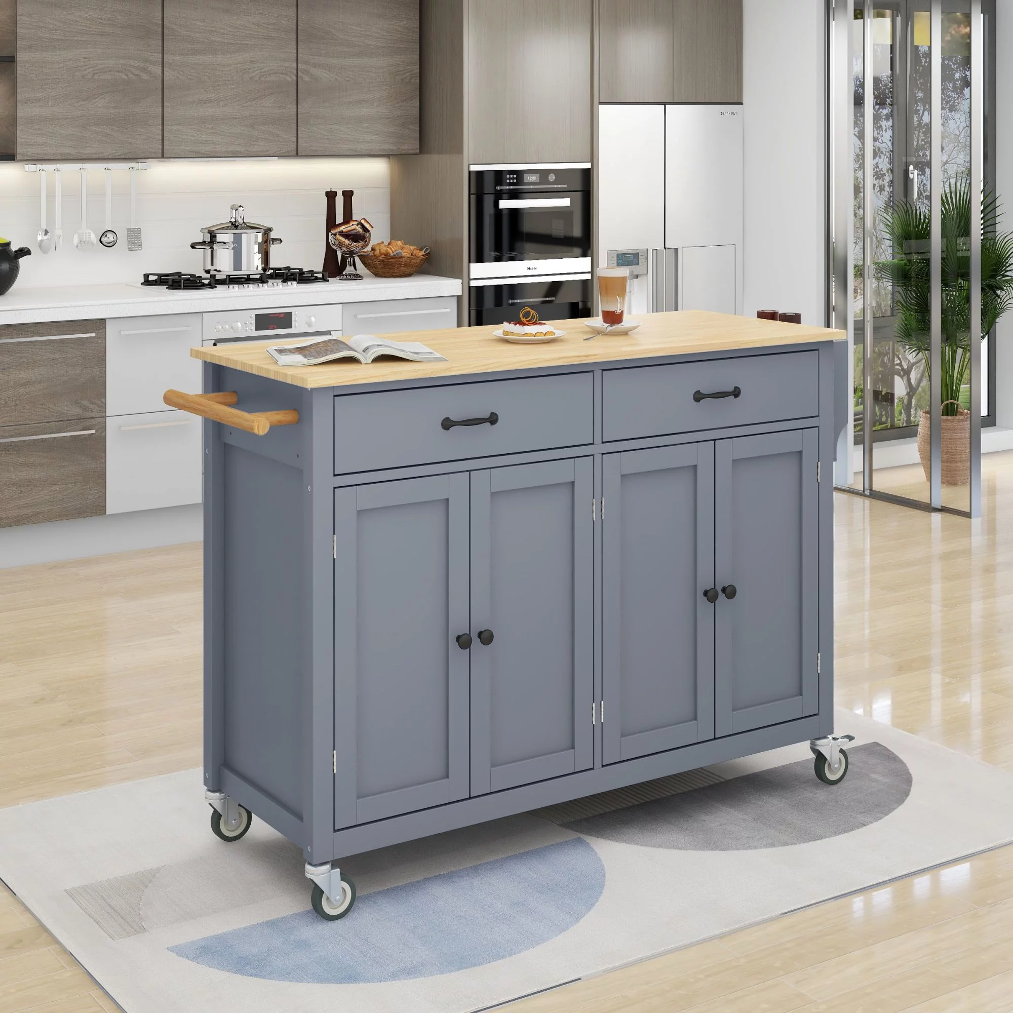 EUROCO Kitchen Island Cart with Solid Wood Top and Locking Wheels, 4 Door Cabinet and Two Drawers, Spice Rack and Towel Rack, Gray