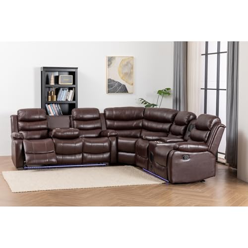 Manual Reclining Sectional Couch with LED Light Multi-Functional Sofa with Recliner Seat,Stereo, Storage,Cup Holders,USB,PU Leather L-Shaped Sofa,9 Seater for Living Room- White