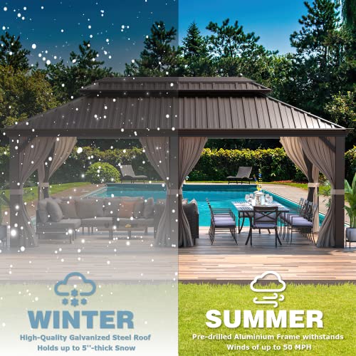 MELLCOM 12'x16' Hardtop Gazebo, Galvanized Steel Metal Double Roof Canopy with Curtains and Netting, Brown Permanent Pavilion Gazebos with Aluminum Frame for Garden, Patio, Lawns, Deck