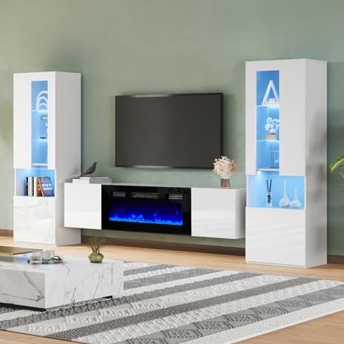 AMERLIFE High Gloss Living Room Entertainment Center with LED Lights, Including Floating Fireplace TV Stand with 40" Electric Fireplace & 2 Bookcases with Glass Doors, All White