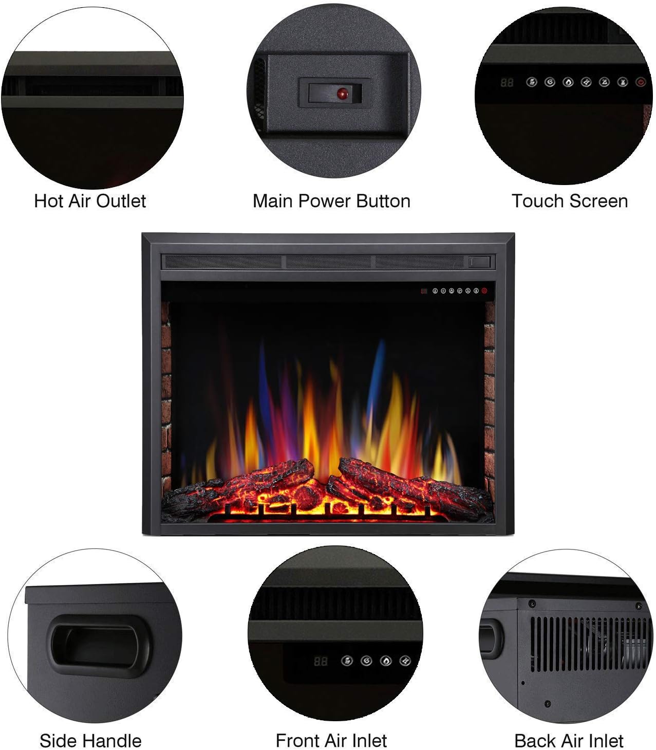 R.W.FLAME 32" Electric Fireplace Insert,Freestanding & Recessed Electric Stove Heater,Touch Screen,Remote Control,750W-1500W with Timer & Colorful Flame Option