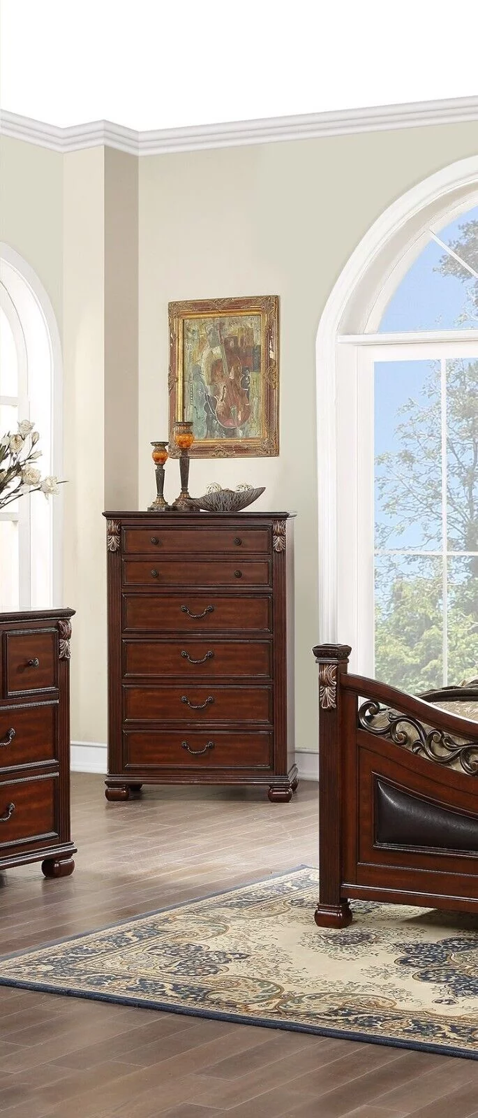 Royal Gorgeous Traditional Est King Size Bed Dresser Mirror Chest Wooden Brown Finish 4p Set Bedroom Furniture