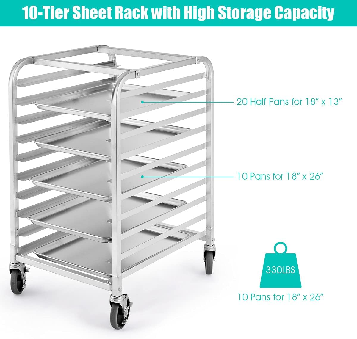 10 Tier Sheet Pan Rack, Commercial Aluminum Full & Half Bun Pan Bakery Rack with Brake Wheels for Restaurant Home Kitchen