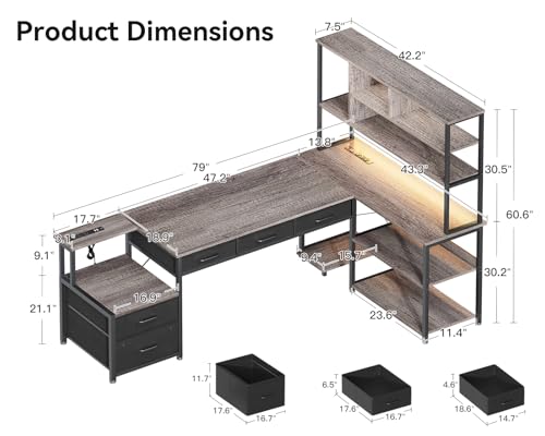 AODK 71 inch L Shaped Desk with File Drawers, Reversible L Shaped Gaming Desk with Power Outlets & LED Lights, Computer Desk with Storage Shelves for Home Office, Black