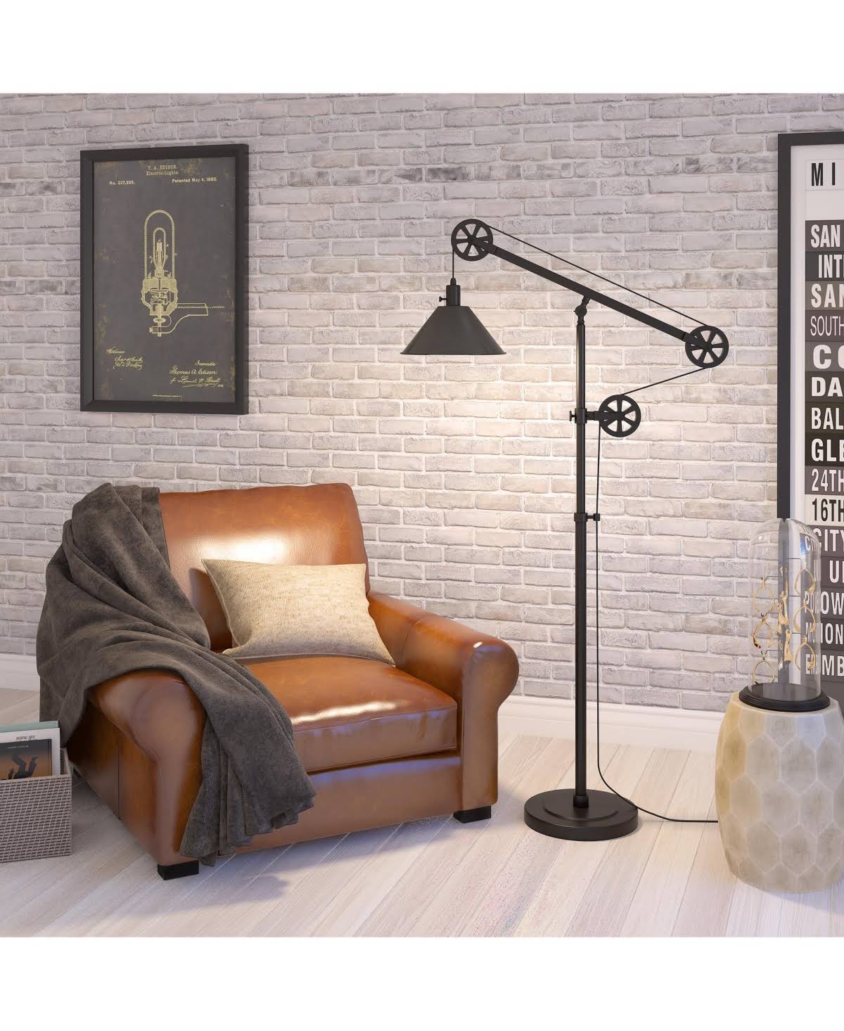 Descartes Industrial Farmhouse Floor Lamp in Blackened Bronze with Pulley System