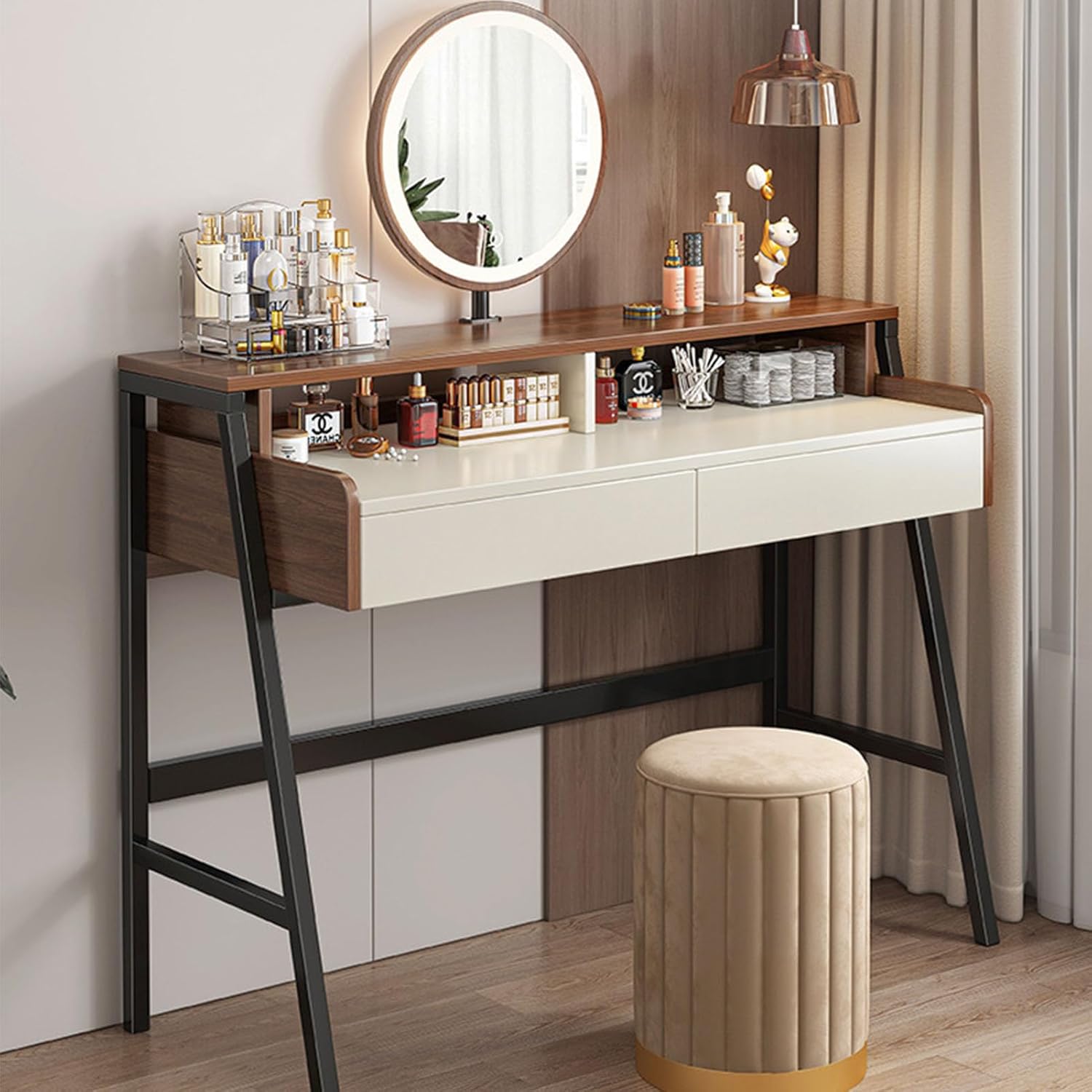 Solid Wood Vanity Set, Makeup Dressing Table 3-Color Dimmable Lighted Mirror vanities with 2 Drawers Home Office Desk for Women Girls