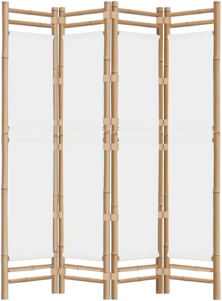 Bedroom Dividers Folding 4-Panel Room Divider 63" Bamboo and Canvas,Bamboo Room Divider for Privacy and Style, Foldable Partition for Any Room, Cream White Bedroom Furniture