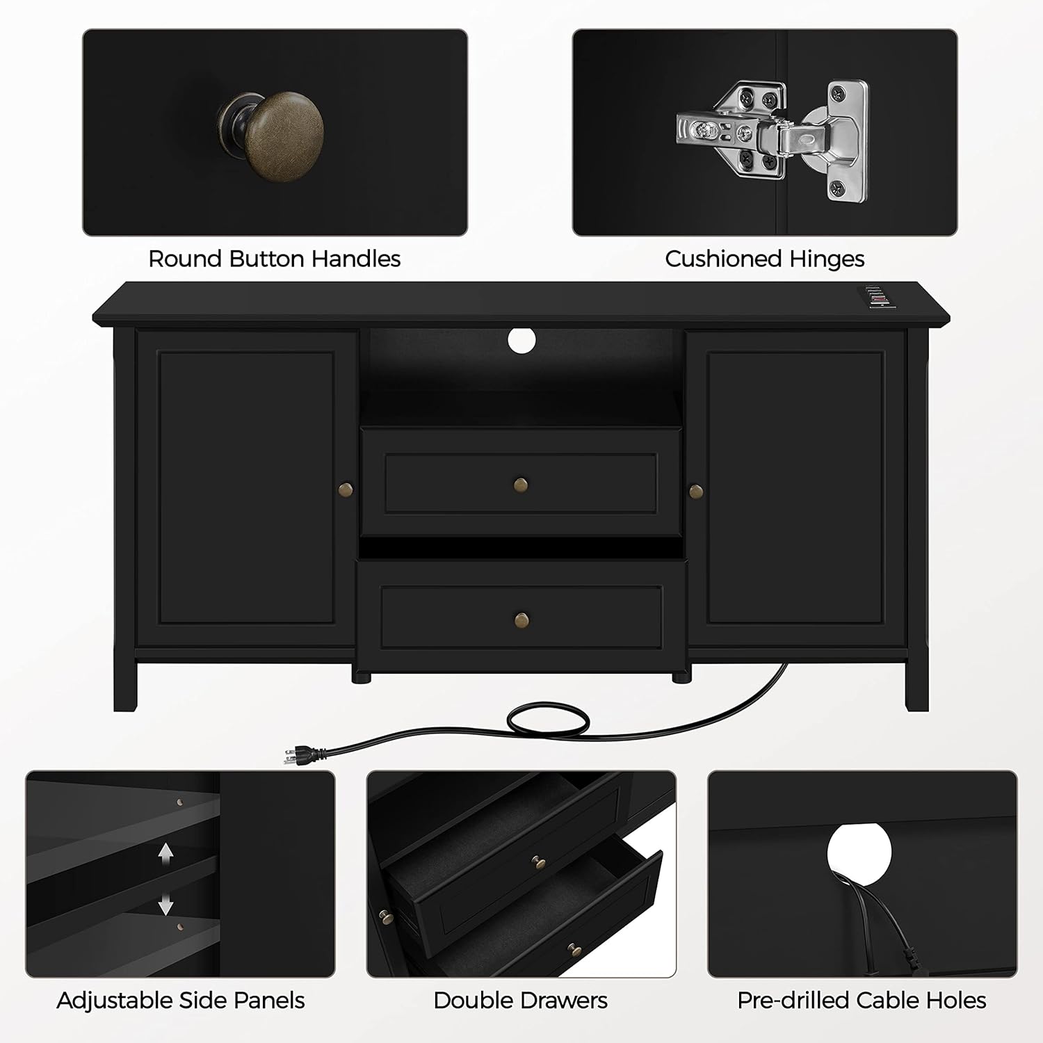 Topeakmart Black Media Entertainment Center with Power Outlet & Storage Cabinets, Elegant TV Stand with Adjustable Shelves for Living Room, 58 in TV Console Table for TVs up to 65 in
