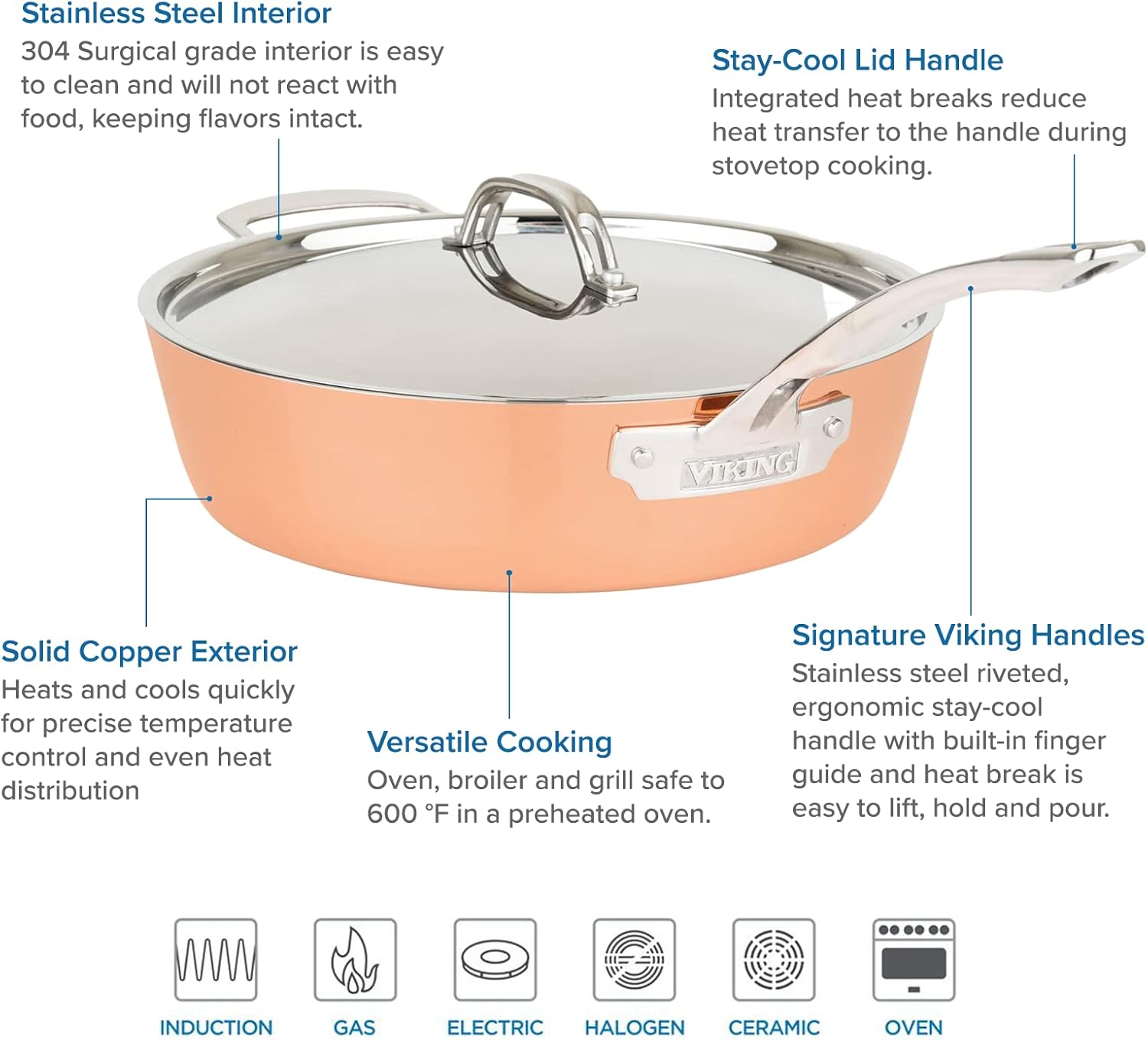 Viking Culinary Contemporary 4-Ply Copper Clad Cookware Set with Metal Lids, 9 Piece, Oven Safe, Works on All Cooktops including Induction