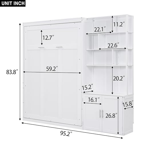 Queen Size Murphy Bed with Desk, 68 inch Murphy Bed Frame, Solid Wood Foldable Platform Bed,Foldable Cube Cabinet Queen Platform Bed, Space-Saving Wall Bed for Guest Room Home Office, White