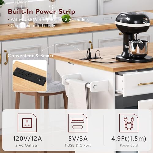 60" Kitchen Island with Drop Leaf and Power Outlet, Rolling Kitchen Cart on Wheels with Trash Can Storage Cabinet, Spice Rack, Towel Rack and Adjustable Shelf for Dining Room