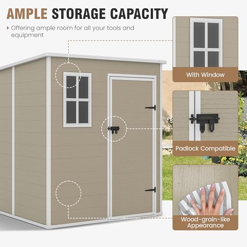 Outdoor Storage Shed, 6x6 FT Resin Shed with Floor and Lockable Door, Window, Vents, Tool Sheds and Outdoor Storage for Bike, Garden Accessories, Tools, Waterproof (Grey & White)