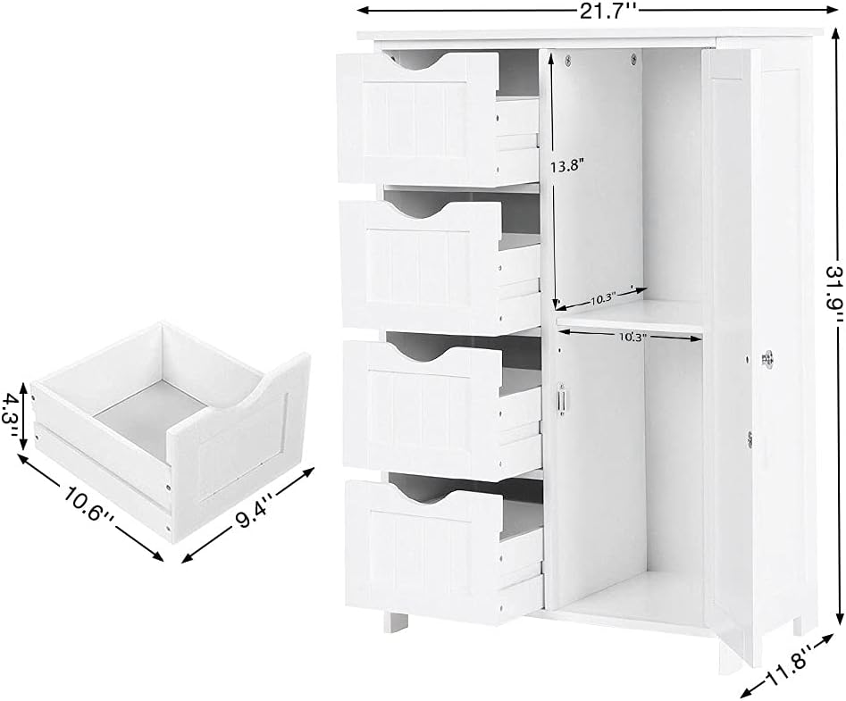 BINLINGO Floor Storage Cabinet, Wooden Bathroom Cabinet with 1 Door & 4 Drawer, Free Standing Entryway Cupboard Cabinet, White