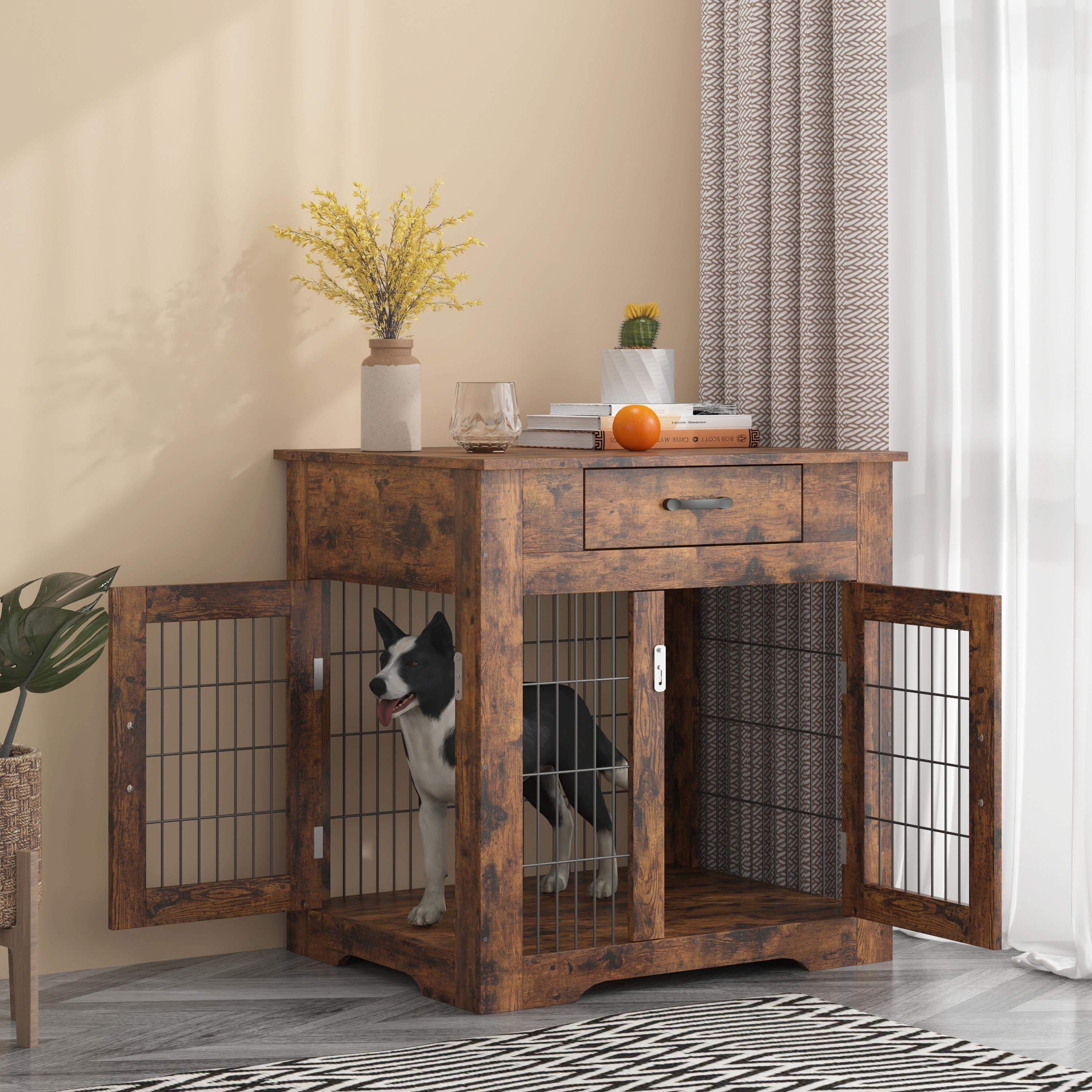 Dog Crate End Table with Drawer - Double Doors - Furniture Style Pet Kennel for Indoor Use Brown