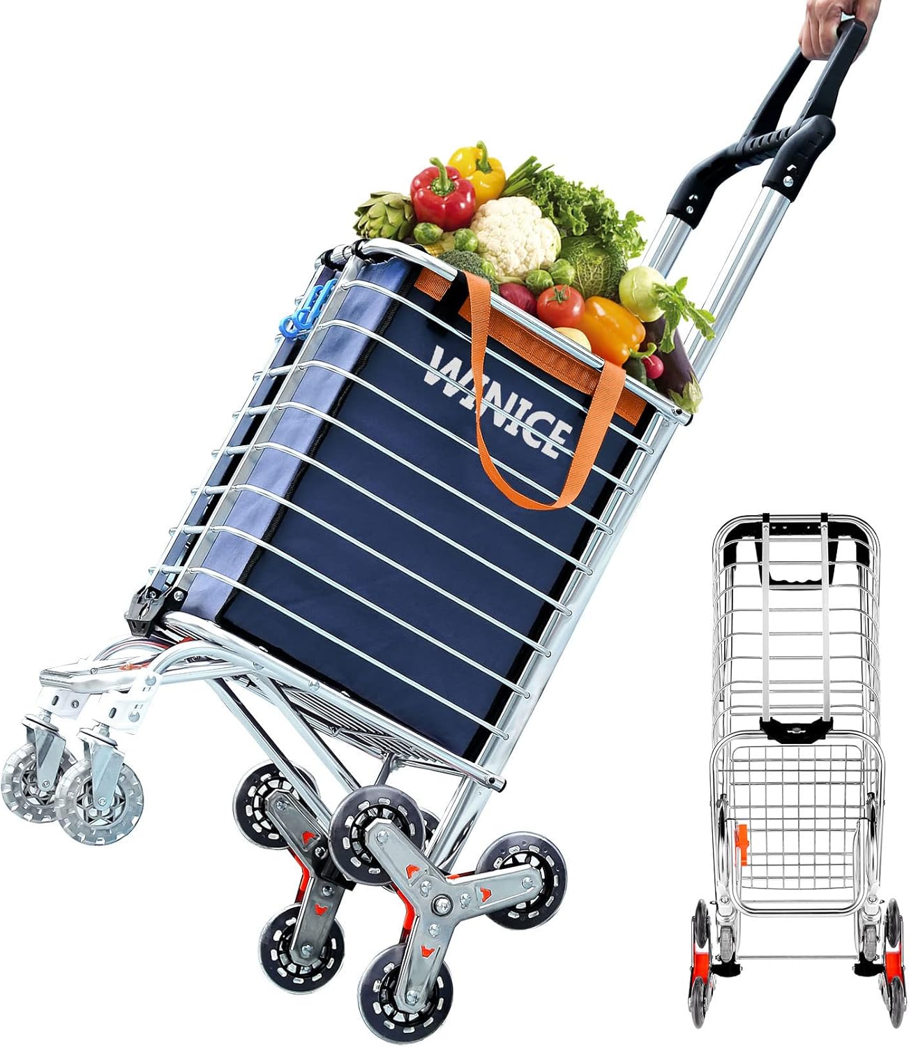 Devo Shopping Cart, Grocery Cart on Wheels Heavy Duty, Stair Climbing Cart with Tri-Wheels,Swivel Handle,Foldable Utility cart for Mom (Blue 1)