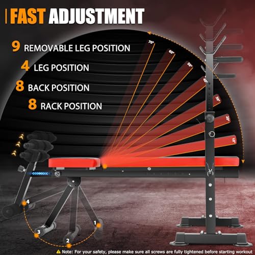 OPPSDECOR Weight Bench Set with Squat Rack, 6 in 1 600lbs Foldable Bench Press Set With Removable Leg Catch, Adjustable Incline Flat Decline Sit Up Workout Bench, Strength Training for Home Gym