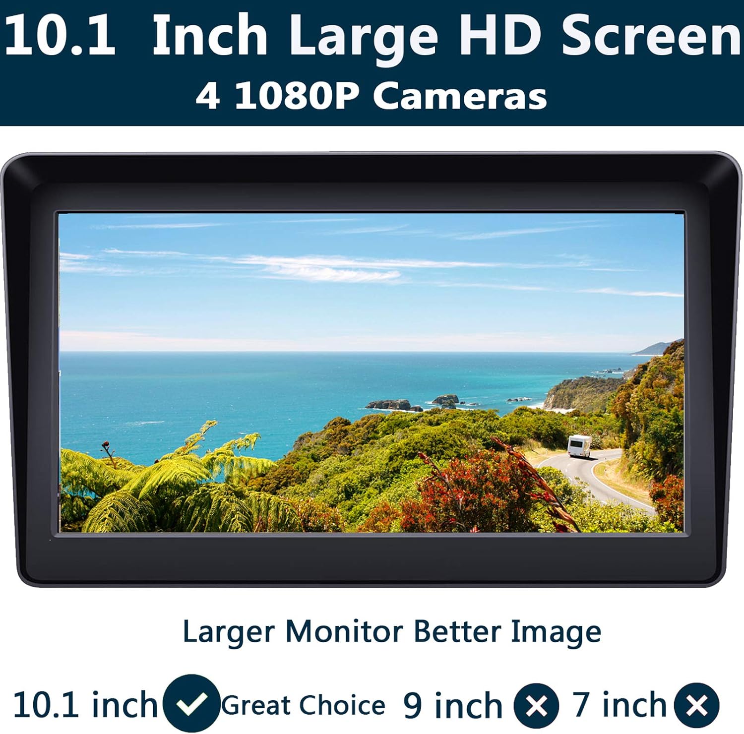 10.1 Monitor Backup Camera Built-in DVR Dash Cam for RV Truck Trailer Rear Side Front Backing View Wired System 1080P HD Image 4 Split Screen IP69 Waterproof Avoid Blind Spot A10