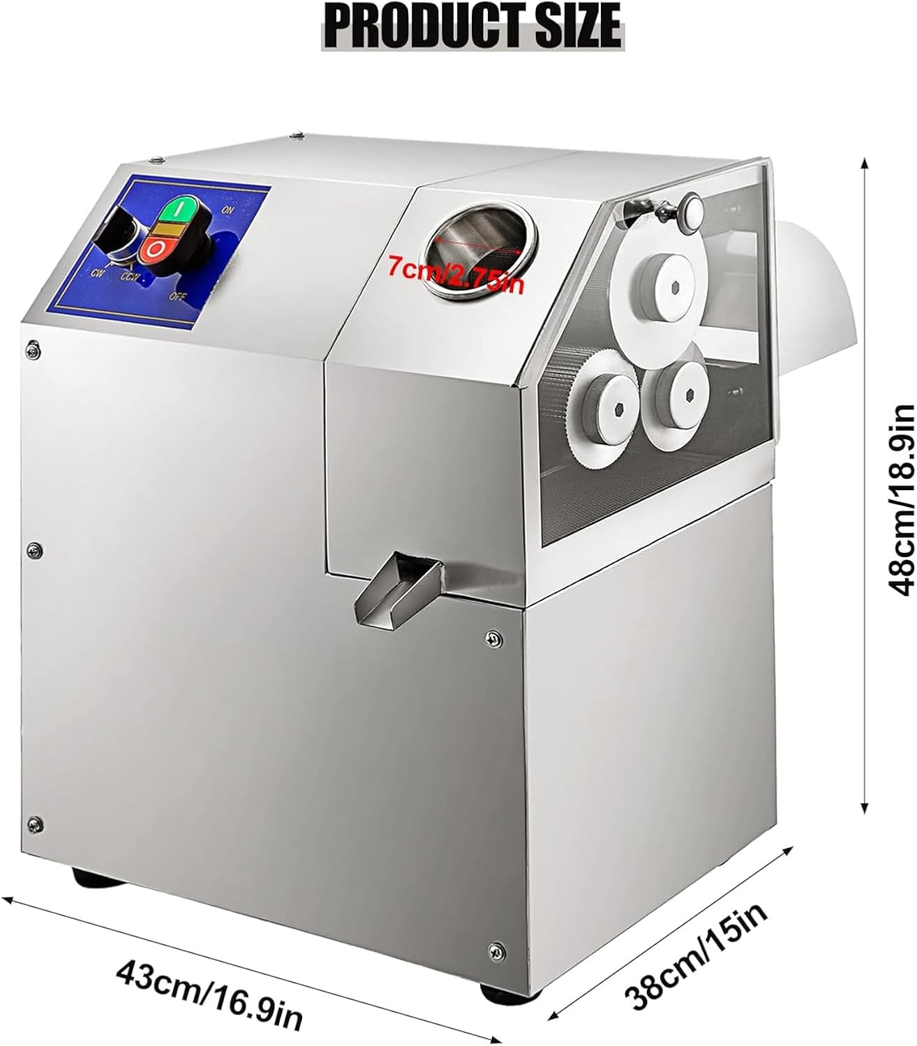 Electric Sugarcane Press 3 Stainless Steel Rollers 550lb/h Output Sugar Cane Juicer Machine with Transparent Door for Commercial & Home Sugar Cane Juicing Extractor Machine, Silver