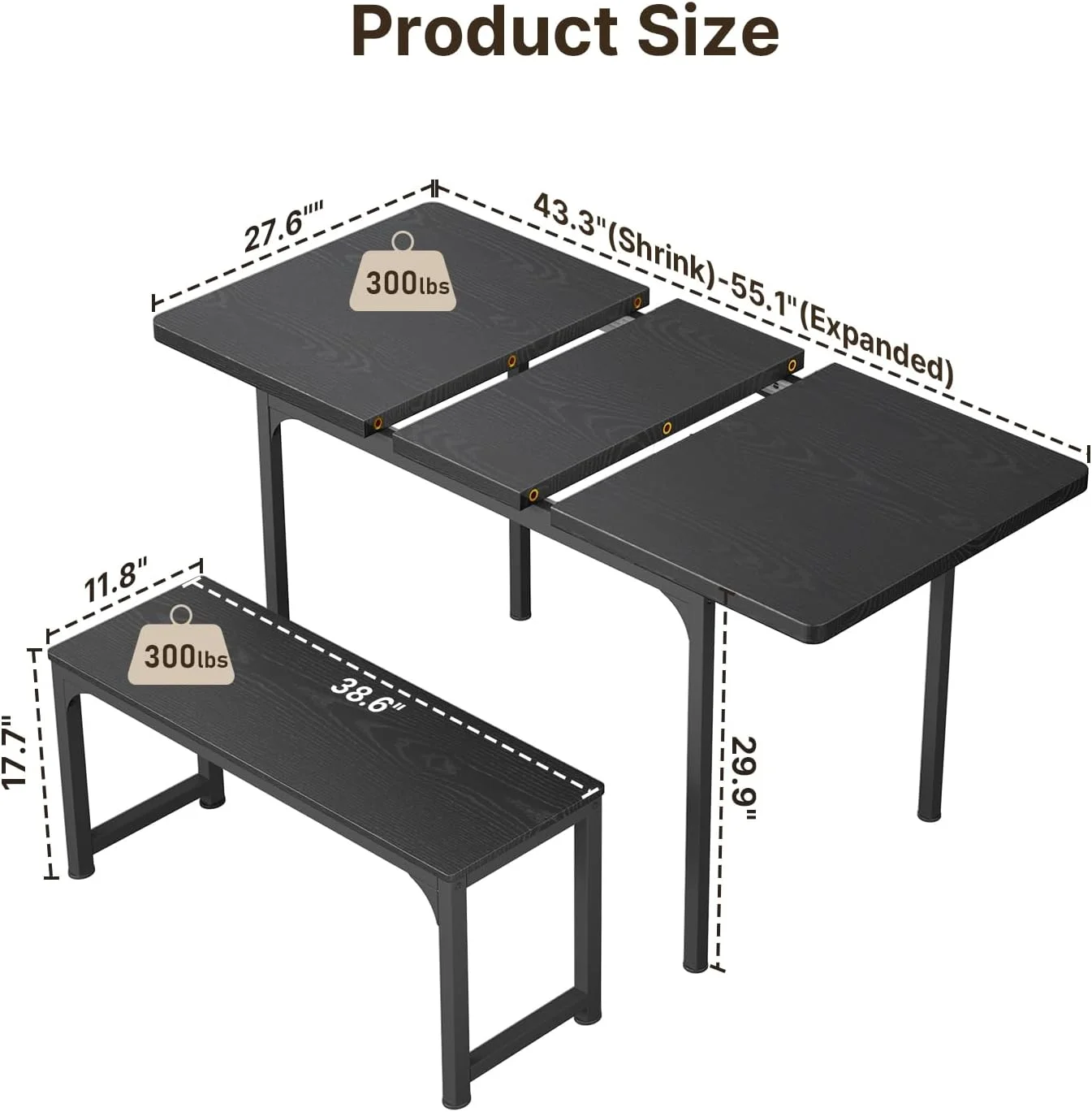 Dining Table Set For 4 To 6, Extendable Kitchen Table Set With 2 Benches, Ideal For Small Spaces And Apartment Dining Gatherings, Black