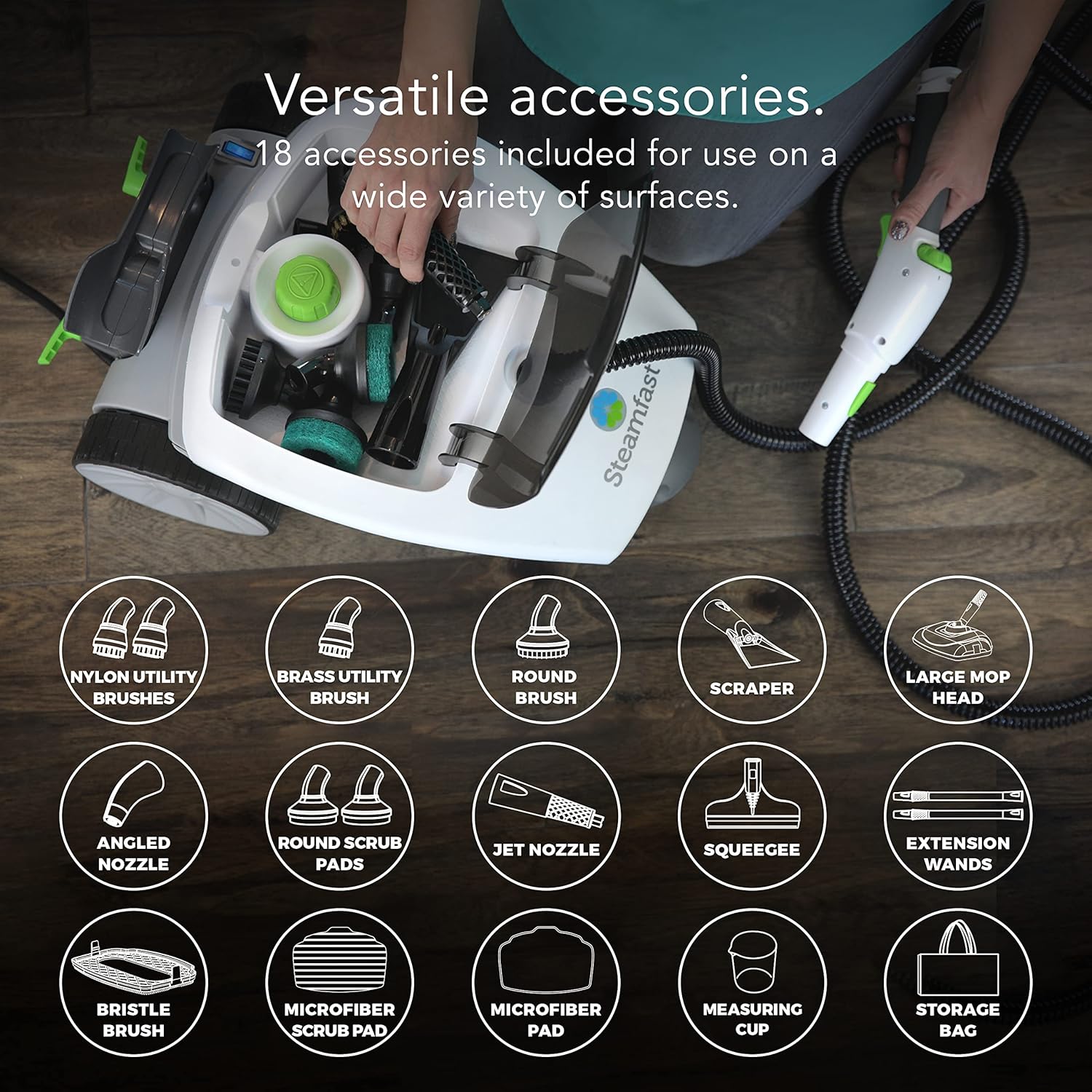 Steamfast SF-375 Deluxe Canister Steam Cleaner with 18 Accessories, Continuous Trigger, and Onboard Storage , White