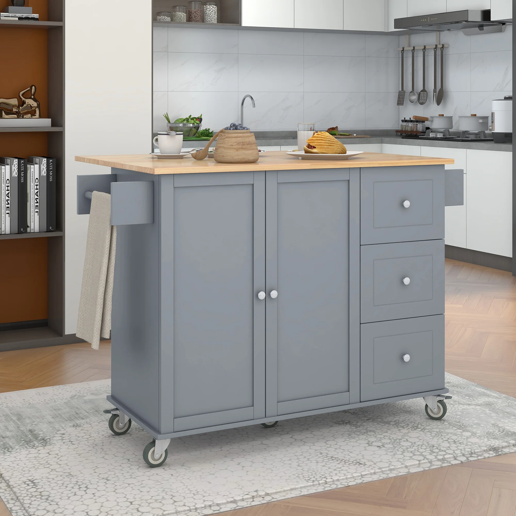 CHURANTY Kitchen Island Cart with Drop Leaf Breakfast Bar Wood Top, Rolling Kitchen Cart with Storage Drawes and Towel Rack Doors,Blue