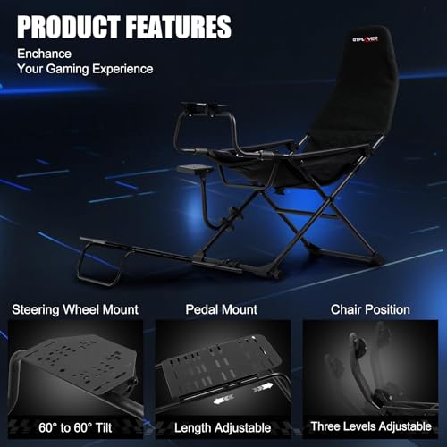 GTPLAYER Sim Racing Cockpit Foldable & Adjustable for High Performance Sim Racing Compact & Flexible Supports All Steering Wheels & Pedals for PC Wheel and Pedals Not Included(Black)