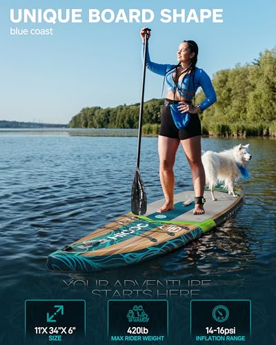 11'6''×34"×6" Extra Wide Inflatable Paddle Board, Stand Up Paddle Board, Sup Board with 3 Removable Fins, 10L Waterproof Bag, 16 D-Rings, Backpack, Hand Pump, Floating Paddle, Safety Leash