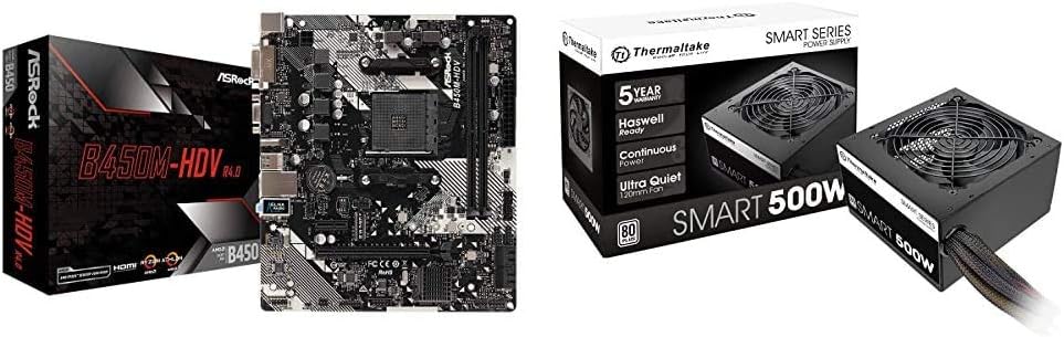ASRock B450M-HDV R4.0 AM4 AMD Promontory B450 SATA 6Gb/s Micro ATX AMD Motherboard & Thermaltake Smart 500W 80+ White Certified PSU, Continuous Power with 120mm Ultra Quiet Cooling Fan