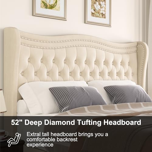 Queen Bed Frame, 52"" Headboard Upholstered Bed with Tall Footbaord, Velvet Upholstered Deep Button Tufted Wingback Platform Bed, No Box Spring Required/Wood Slat Support/Black