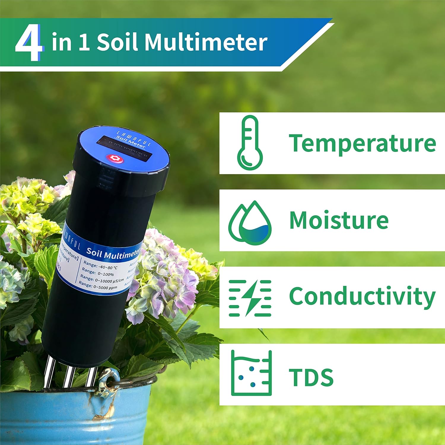 LAWNFUL 4-Way Soil Water Meter for Moisture/TDS/Conductivity/Temperature Test, 4-in 1 Tester with LCD Display for Soil and Water Plant (Work as Moisture & EC & TDS Meter & Thermometer) Pack of 2