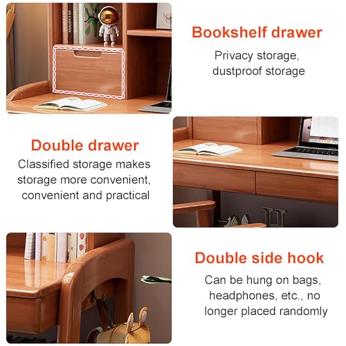 Solid Wood Writing Desk with Drawers and Shelf,Home Office Computer Desk with Hutch,Height Adjustable Student's Study Desk Workstation for Small Spaces(120x60x138cm(47x24x54in), White)