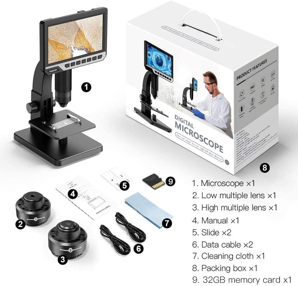 TOMLOV DM11 LCD Digital Microscope with 2000X Dual Lens(Digital & Microbial Lens), 7'' IPS Display�O10 LEDs�O12MP Resolution�OWindows/Mac OS Compatible, SD Card Included