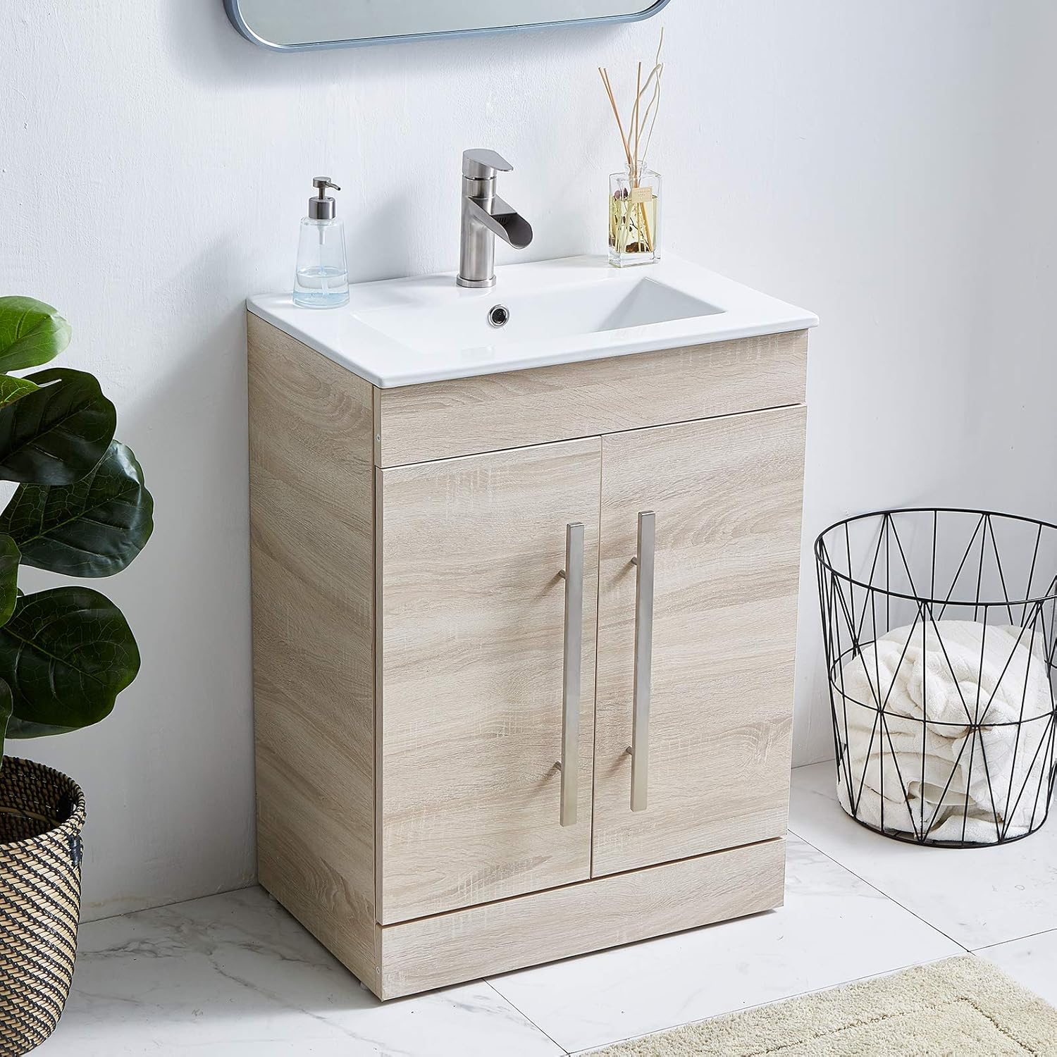 24 Inch Modern Grey Wood Grain Bathroom Vanity Bath Vanity with Sink,Vanity Cabinet with Double Handle Bathroom Vanity Set Bathroom Vanity Cabinet Small Bathroom Sink Vanity Natural Wood for Bathroom