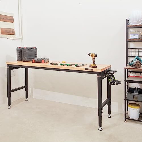 VEVOR 60" Adjustable Workbench, Heavay Duty Workstation 2000 LBS Load Capacity, with Power Outlets & Rubber Wood Top & Metal Frame & Foot Pads, for Workshop Office Home Garage