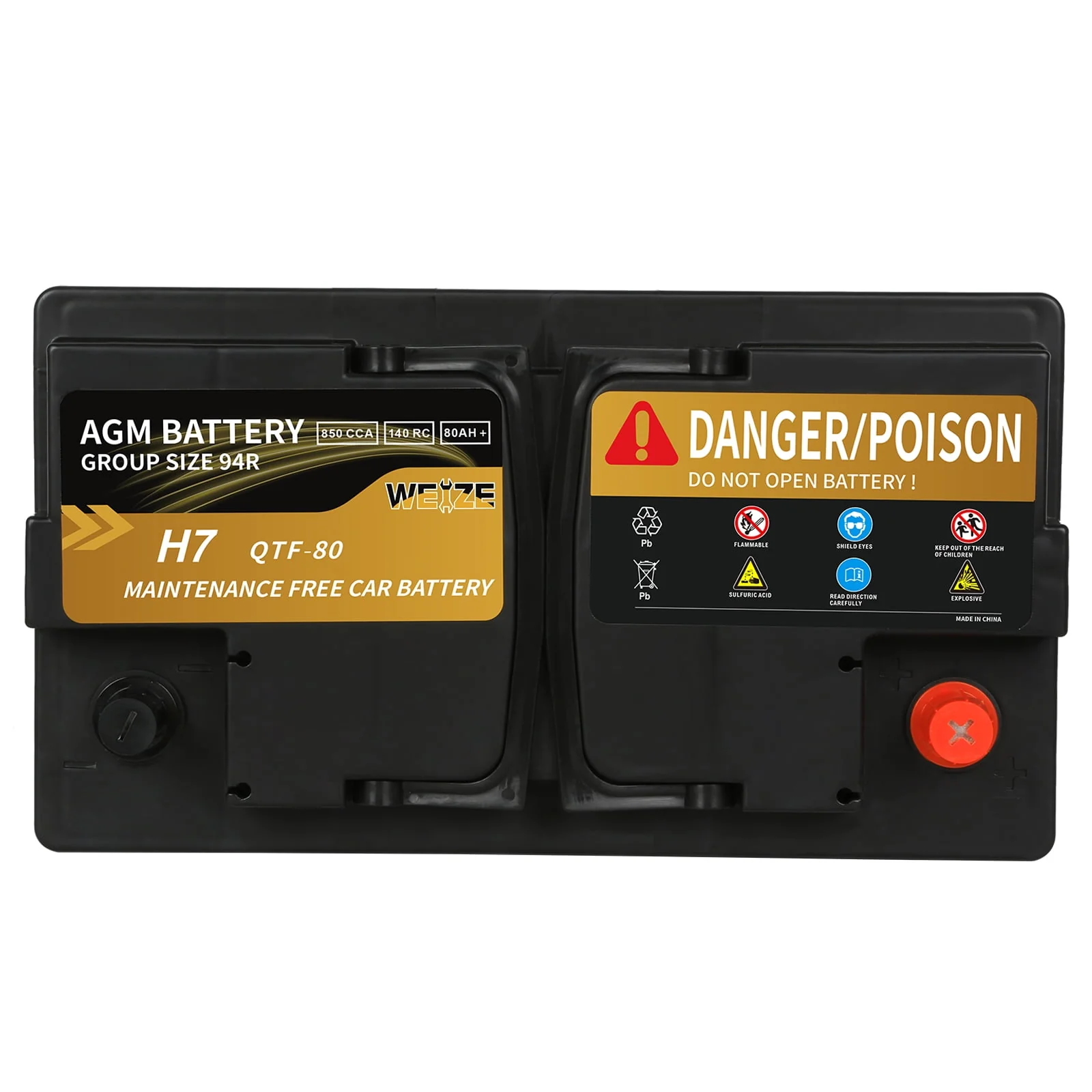 Weize Platinum AGM Automotive Battery,  Group 94R H7 Battery- 12v 80ah 140RC 850CCA, 36 Months Warranty