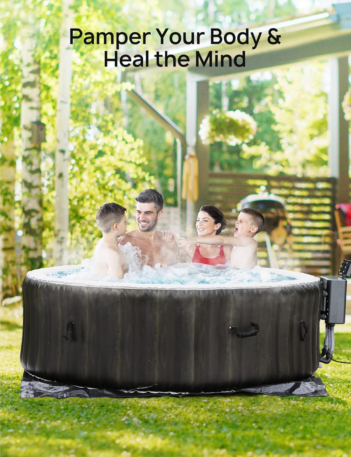 EVAJOY Inflatable Hot Tub, Portable Inflatable Hot Tub with Built-in LED, Electric Heater Pump, Hot Tub Spa with 140 Air Jets, 4-6 Adults, for Backyard, Garden, Indoor