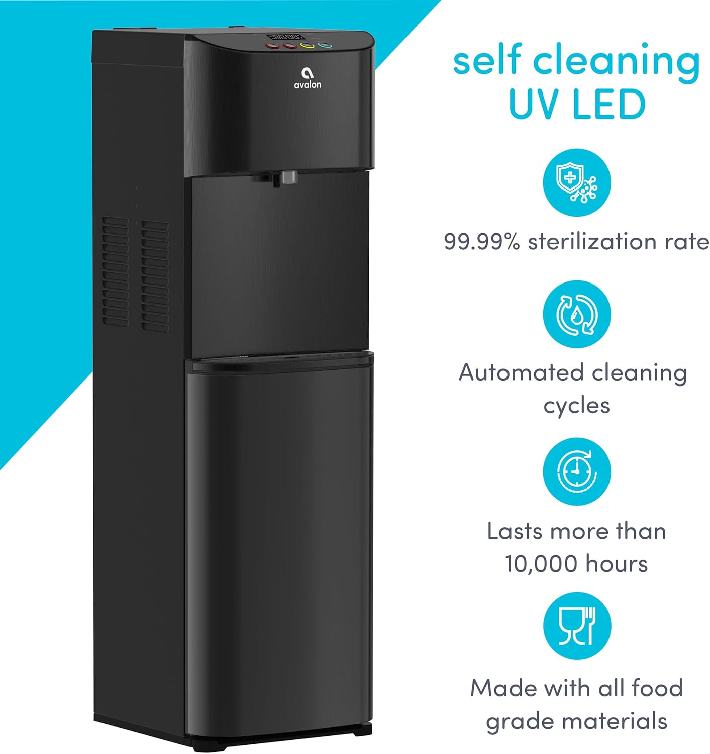 Avalon A13BLK Electric Bottleless Cooler Water Dispenser-3, Digital Clock with Temperature Control, Self Cleaning, Black Stainless Steel