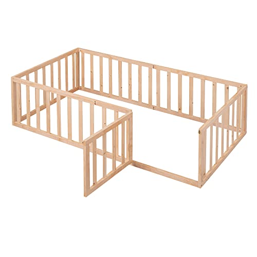 Twin Size Floor Bed Frame Compatible with Toddler Montessori Floor Beds with Fence Railings Compatible with, Twin Size Playhouse Bed Compatible with Boys Girls, Natural,bed frame