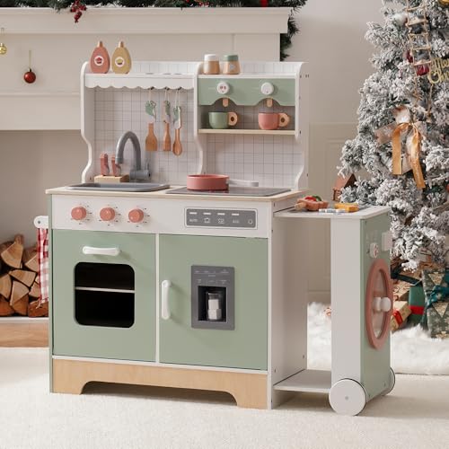 ROBUD Play Kitchen Set, Wooden Play Kitchen with Ice Maker, Fridge, Coffee Machine, Oven, Dishwasher, Microwave, Kitchen Accessories, Toy Kitchen Gift for Boys Girls, 3+