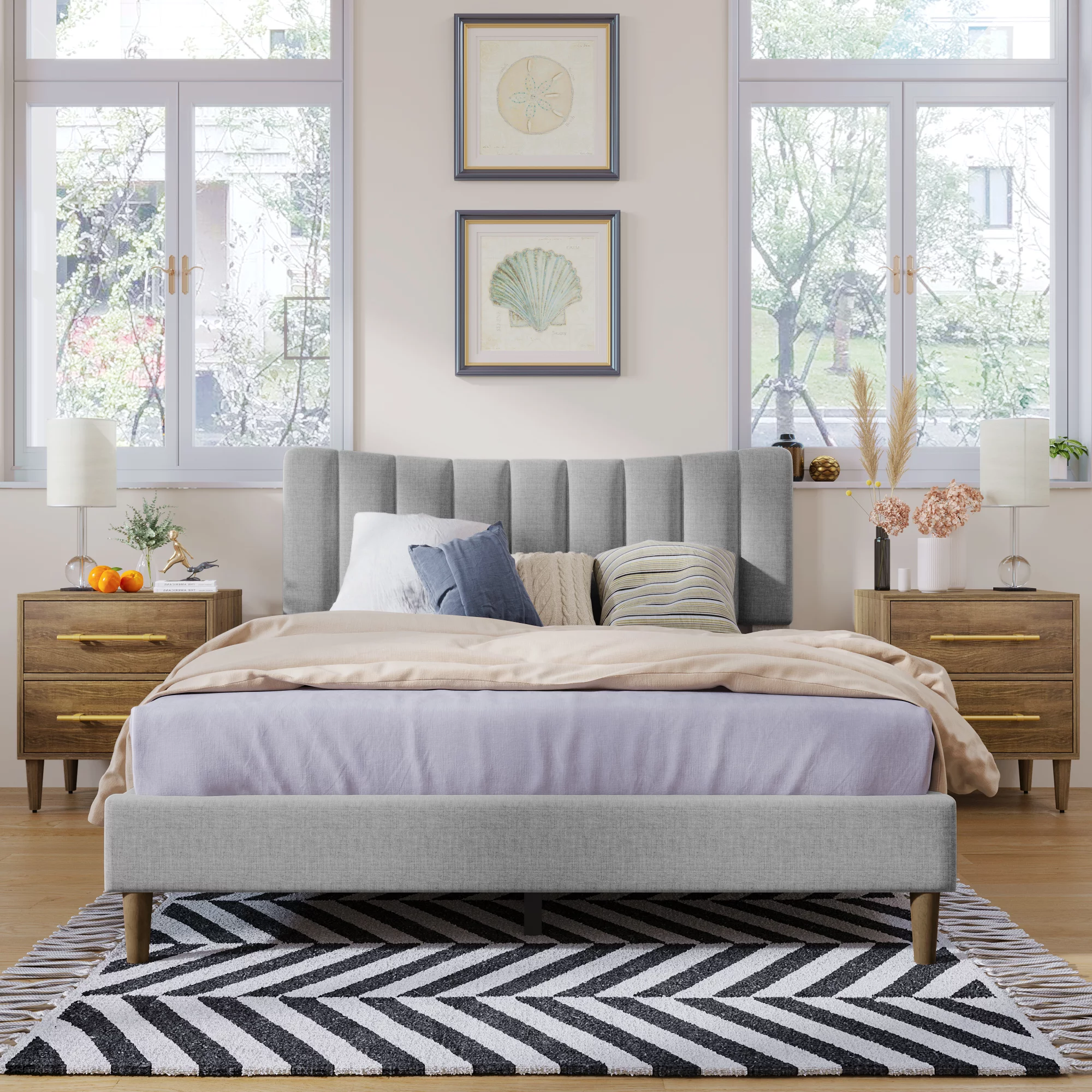 Queen Size Platform Bed Frame with Linen Vertical Channel Tufted Headboard and Wooden Slats Support, Fully Upholstered Mattress Foundation, No Box Spring Needed, Easy Assembly, Gray