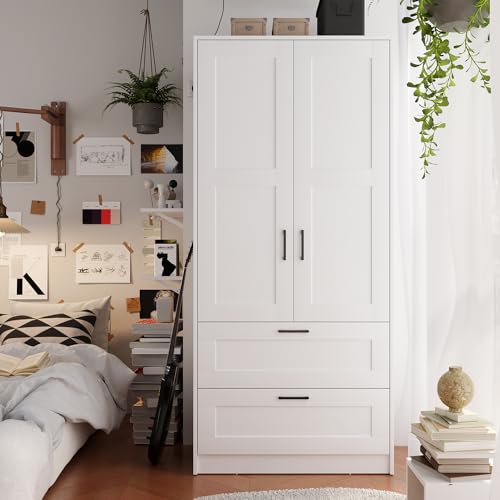 Wood Wardrobe Closet with 2 Doors and Drawers，Bedroom Freestanding Armoire Storage Cabinet with Shelves，Wooden Wardrobe Combination for Hanging Clothes Feng Hua Li Zhi (31.5”W X 18.9”D X 68.9”H)