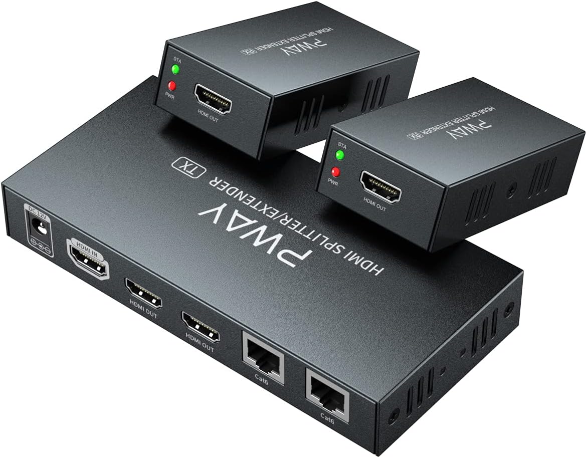 HDMI Extender Splitter 1x2 1080P@60Hz Over Cat 5E/6/7 Ethernet Cable 50m (165ft) Support 2 HDMI loopout EDID Copy POC Function (1 in 2 Out)