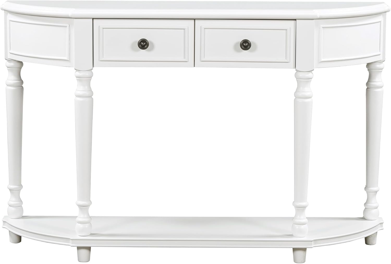 Storage Cabinet Retro Circular Curved Console Open Shelf and 2 Top Drawers, Half Moon Entry Solid Wooden Frame and Legs,Wood Sofa Tables, for Hallway, Living Room, White